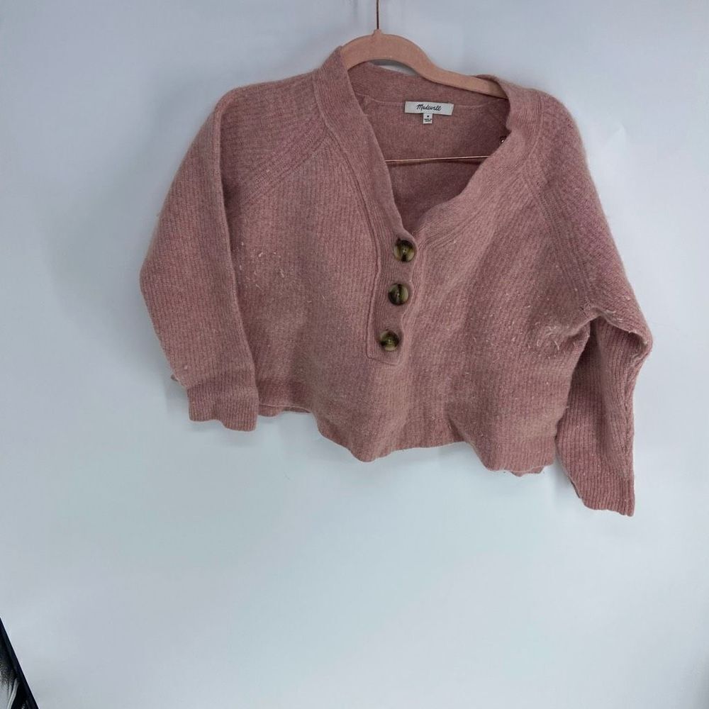 Madewell Women's Pink Merino Wool Ribbed Button Front Sweater V-Neck Medium